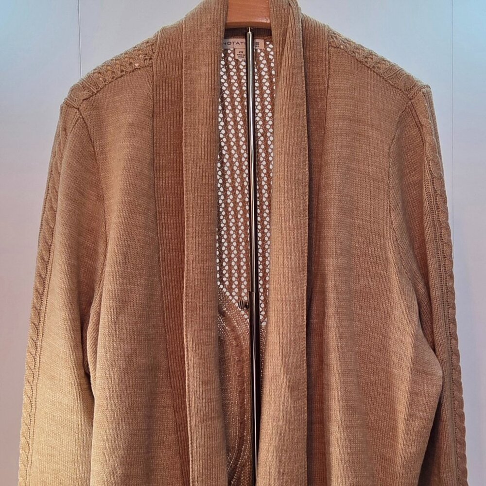 Notations Open Front 100% Acrylic Cardigan Sweater, 2X, Tan Cable Knit Sweater